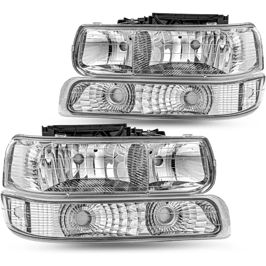 

4pcs Headlight Assembly with Bumper Lights for 19992002 Chevy Silverado 1500 2500 and 20002006 Chevy Tahoe Suburban Chrome Hous
