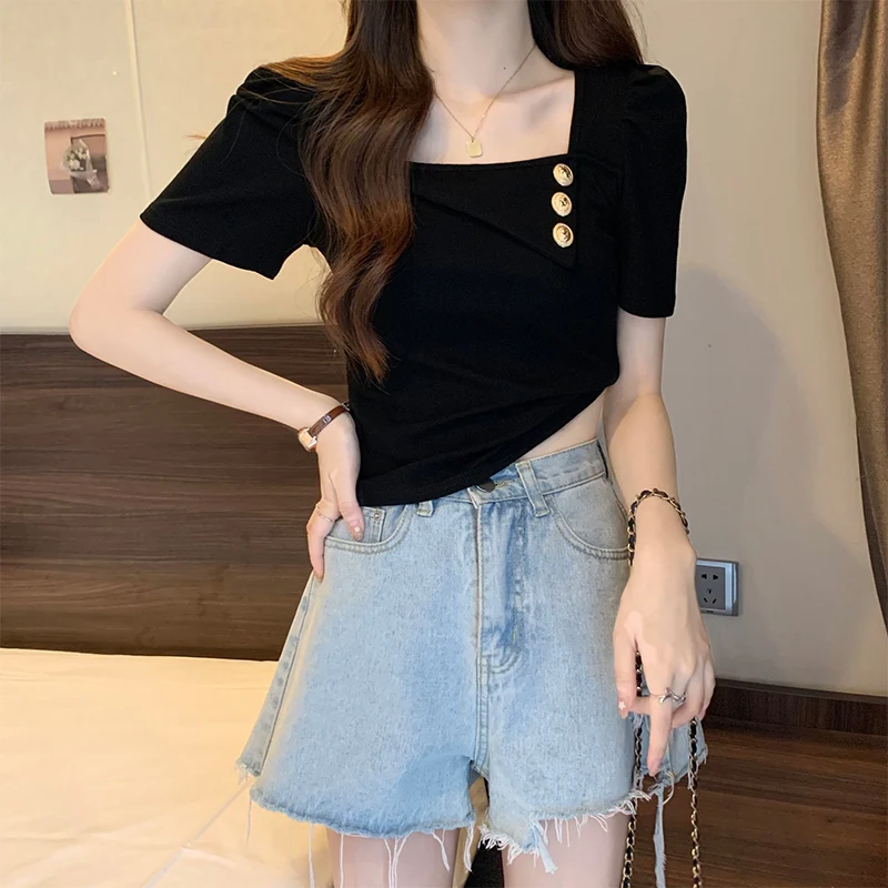 Summer Casual Fashion Chic Buttons Oversized Ladies Puff Short Sleeve Loose All-match Solid Color Top Women Vintage Pullover Tee