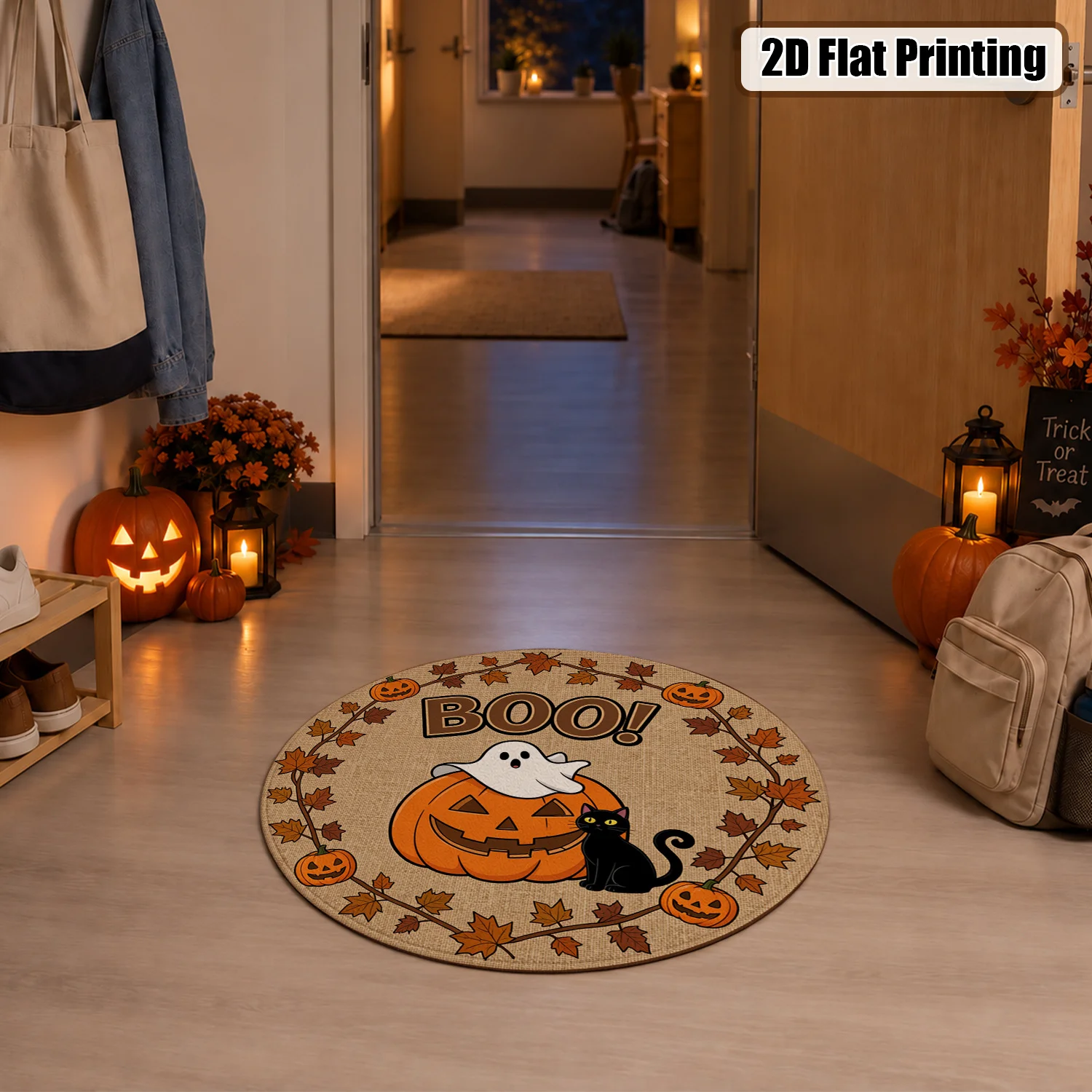 Round Halloween BOO Pumpkin Ghost Cat Maple Leaf Pattern Velvet Doormat, Machine Washable, Perfect for Entryway, Porch, Living Room, Dining Area, Ideal for Halloween, Thanksgiving, Christmas, New Year, Black Friday, Cyber Monday