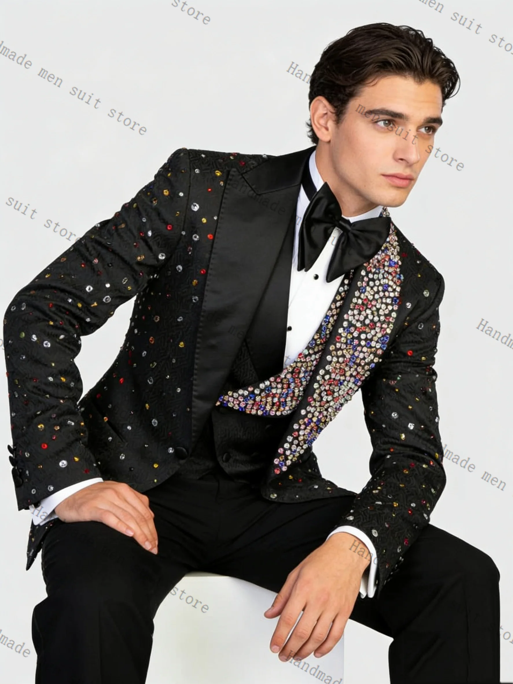 

Crystals Stone Men Suit Set 3 Piece Blazer+Vest+Pants Spring Cotton Wedding Tuxedos Coat Customized Formal Office Fashion Jacket