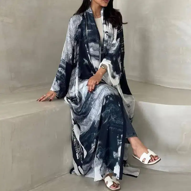 เสื้อคลุมแฟชั่นลายพิมพ์สำหรับฤดูใบไม้ร่วงและฤดูใบไม้ผลิ คอวีทรงหลวม ผ้าชีฟอง สไตล์ลำลอง แขนยาว สำหรับผู้หญิง พร้อมผ้าคลุมศีรษะ