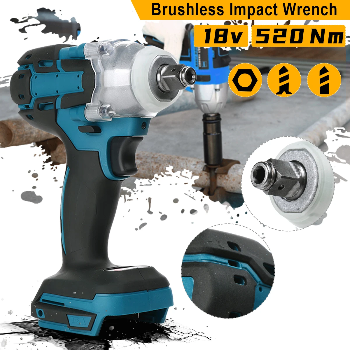 520N.M Torque Brushless Electric Impact Wrench 1/2 inch Cordless Electric Wrench Screwdriver Power Tool for Makita 18V Battery Pin