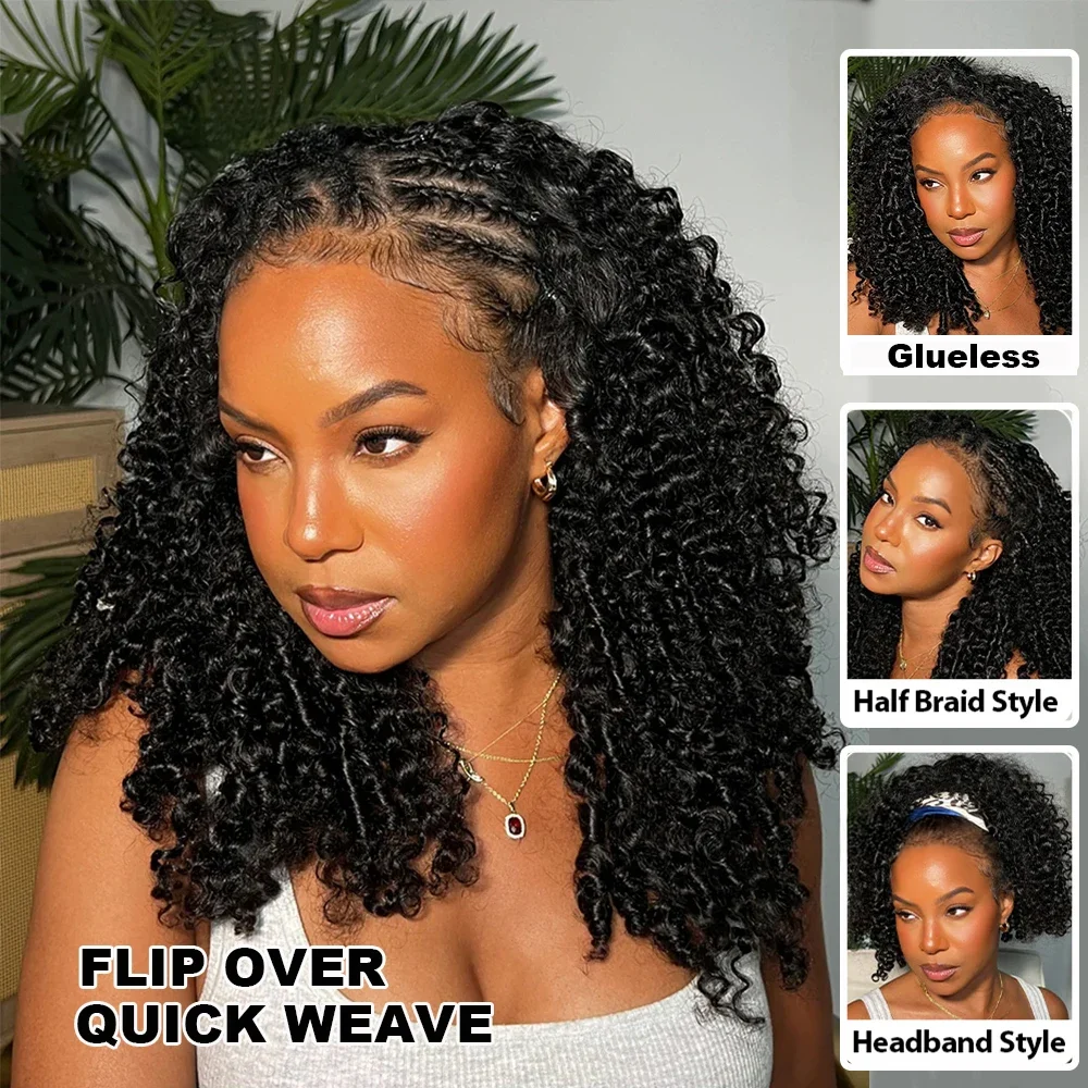 3IN1 نصف باروكة بدون غراء باروكة من شعر طبيعي بدون مشابك حبل خياطة نصف مجعد غريب جاهز للارتداء #3