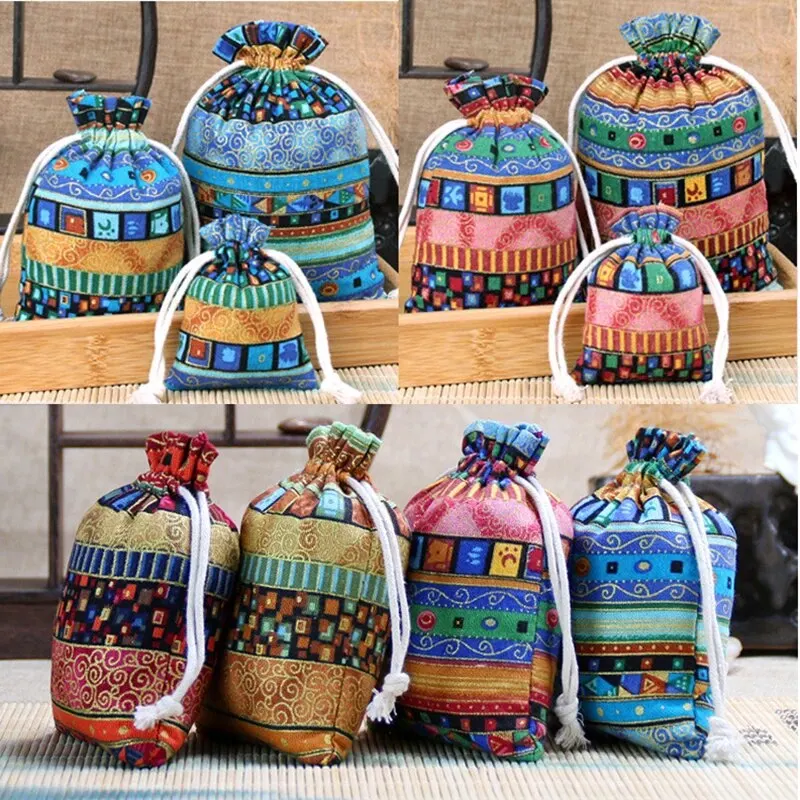10pcs Ethnic Style Jewelry Bags Drawstring Pouch Candy Snack Gift Bag Retro Bracelet Jewelry Packaging Storage Bags