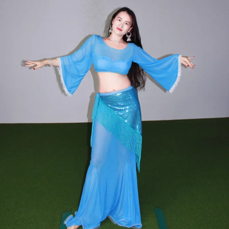 Trajes de danza del vientre personalizados, falda de cola de pez azul de alta gama, conjunto de actuación, traje de clase de temperamento, Top y falda