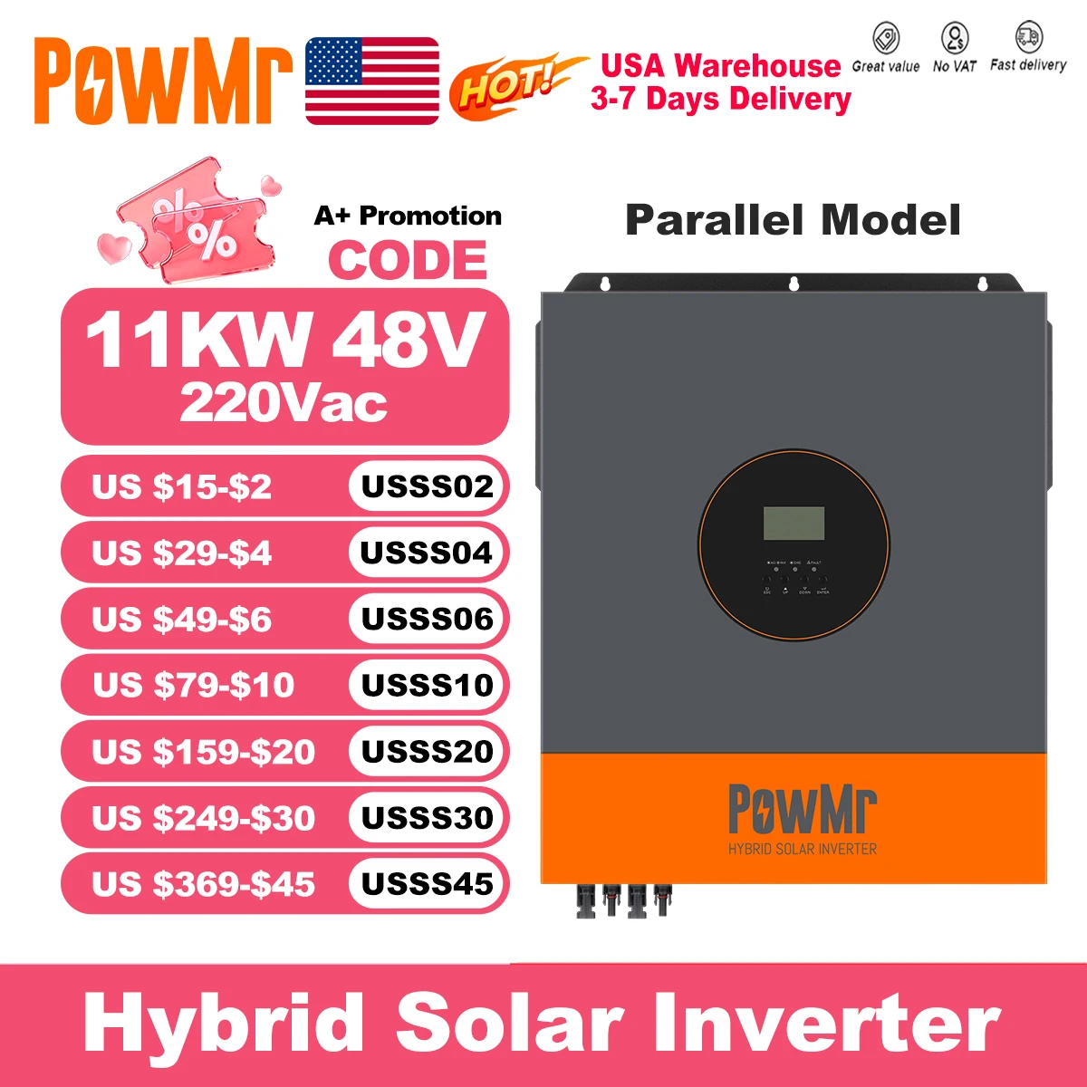 

PowMr USA 11KW Hybrid Solar Inverters Parallel Model 48V to 220V Pure Sine Wave MPPT 160A Solar Charge Controller for Panel 500V