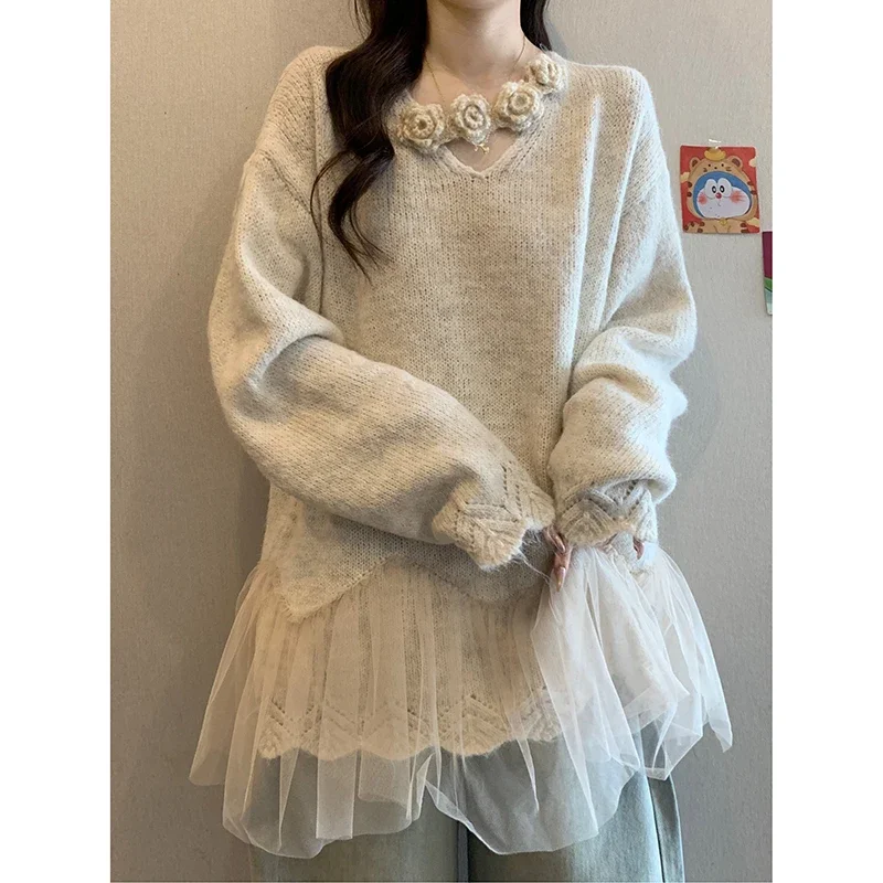 Dreidimensionaler Blumen-Strickpullover mit hängendem Hals für Damen, lockeres Oberteil, Pullover mit Netznähten, Lila, Herbst, 2026