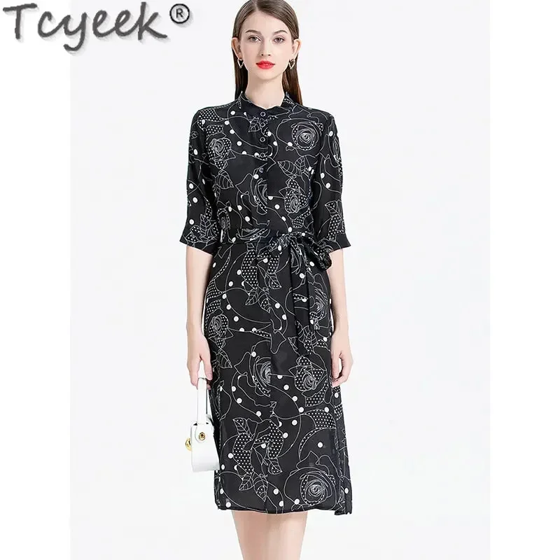 

100% Tcyeek Mulberry Real Silk for Women Clothes 23 Summer New In es Elegant Long Show Thin Print Dress Vestido