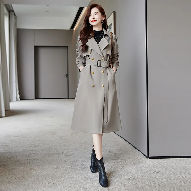 

2025 Autumn New Slim Fit Pure Color Trench Coat with Belt Waist Tie Casual Long Coat