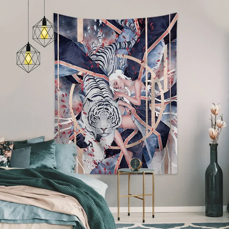 Anime Girls and Animal Hanging Cloth Tapestry Polyester Wolf Tiger Internet Live Photography Wall Carpets Living Room Tapestries