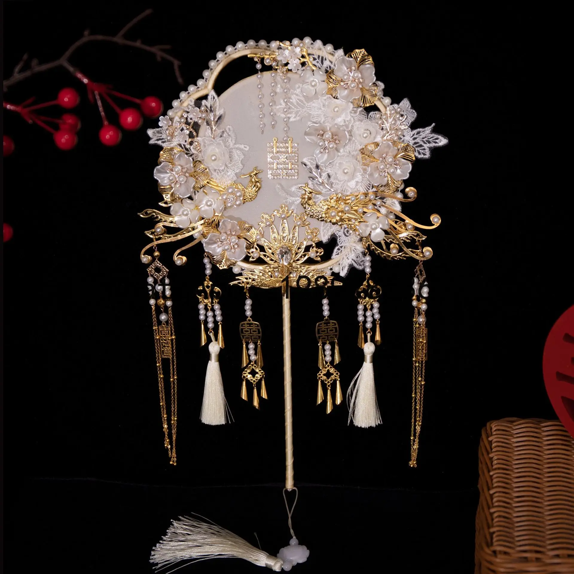 FS Luxury Chinese Ancient Fan Heavy Industry Bridal Material Package Wedding Fan Double Sided Handmade Happy Fan