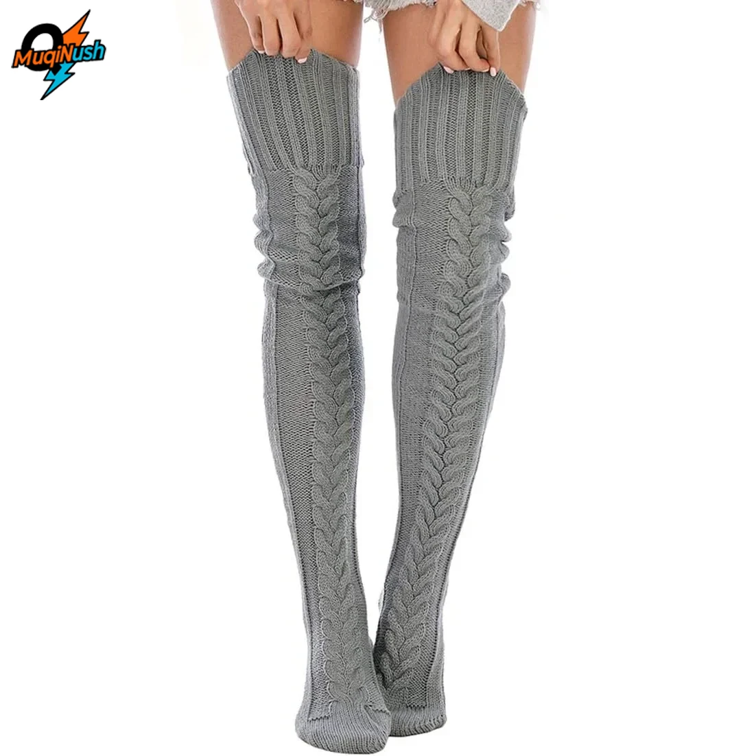 

MuqiNush Women's Cable Knitted Thickening Thigh High Boot Socks Extra Long Winter Stockings Over Knee Black White Grey Leg