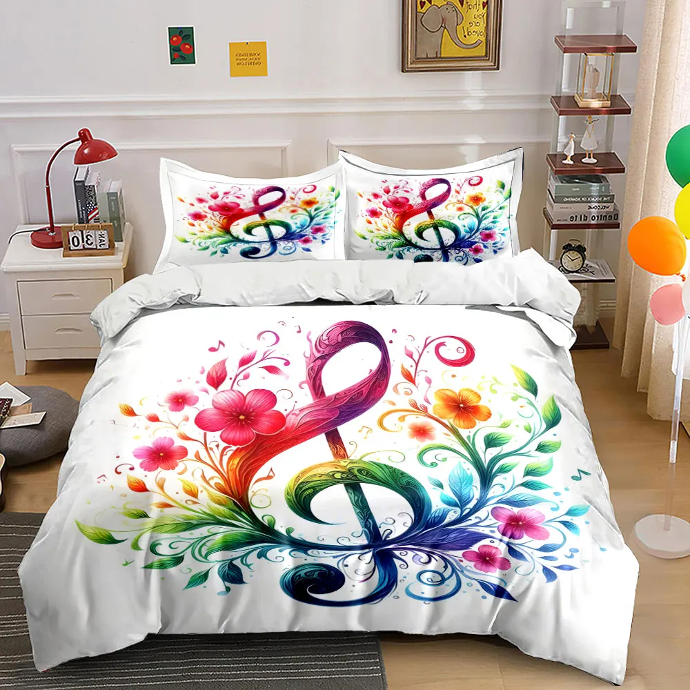 Vibrant floral entwined musical note Pattern Duvet Cover Set Digital Print Colorful Polyester Bedding with Zipper Closur