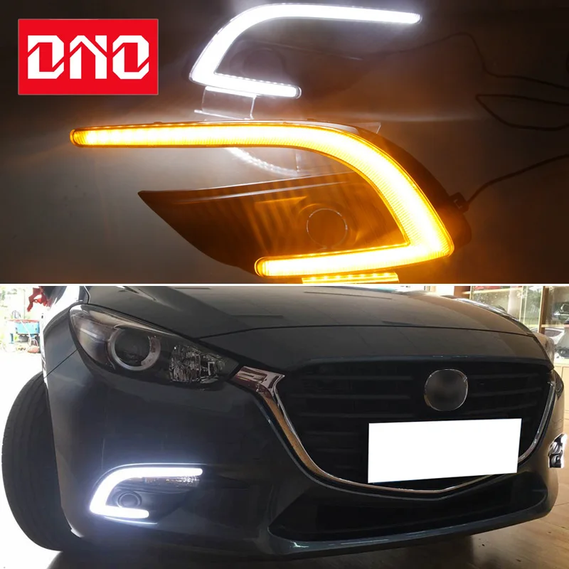 

Car LED DRL 12V Daylights For Mazda 3 Mazda3 2017 2018 Yellow Turn Signal Daytime Running Headlamps Auto Driving Lamp Foglamps