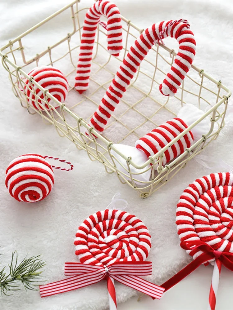 Ornements de noël en velours rouge et blanc, boules de noël, cannes, bonbons, arbres de noël, pendentifs décoratifs, 2025