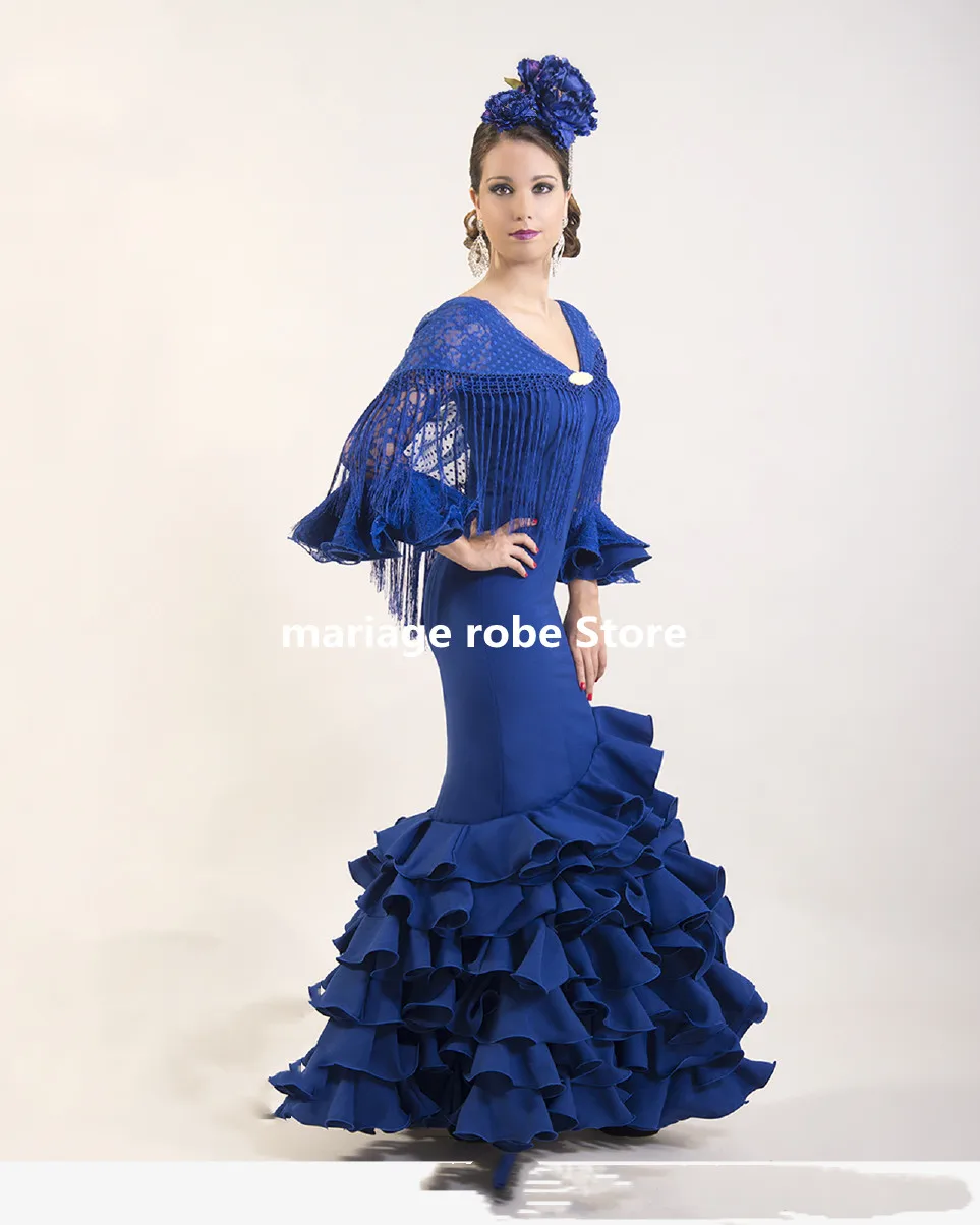 Royal Blue Retro Palace Mermaid Prom Dresses 2022 Long Sleeve Ruffles Bottom Lamenco Dress ABRIL Strech Lace Evening Gown