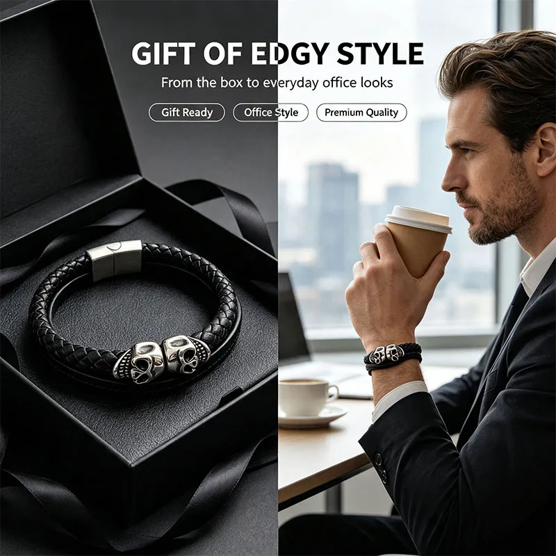 Punk Skull Decor Braided Leather Bracelet Stainless Steel Clasp Rust Resistant Mens Jewelry Gift Total Length 21cm