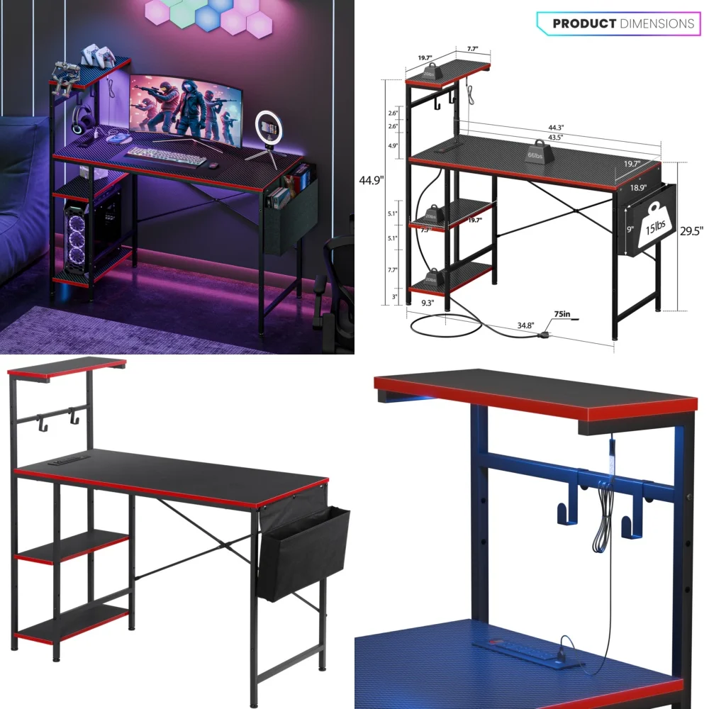 

44 Inch LED Gaming Desk with Power Outlet Built in USB Ports and Side Storage Organizer for Computer Table Workstation