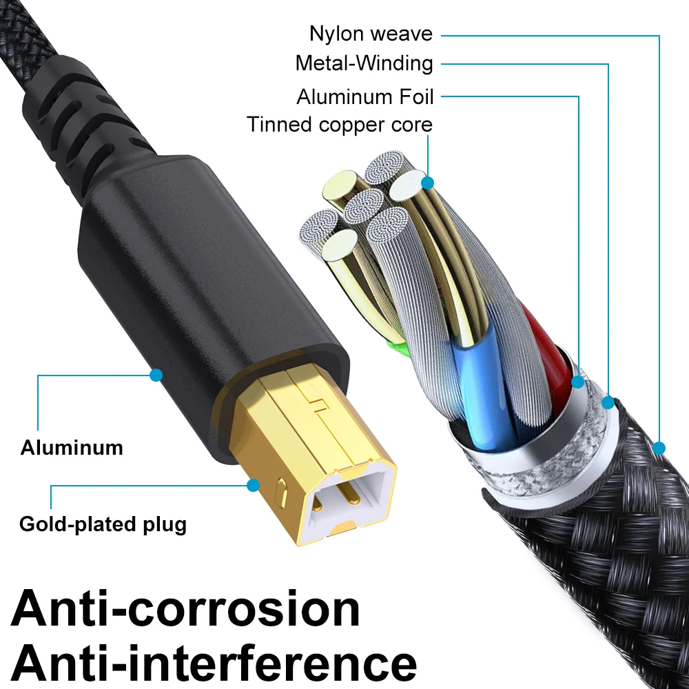 Nylon Braided Plug And Play Printer Scanner Cord USB B to USB C Printer Cable For HP Canon Epson Lexmark Printer Scanner Copier