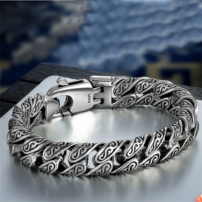 Cool Wide Chain Bracelet For Men Jewelry Vintage Lines Flower Bone Joint Chain Bracelet 18 20 22 cm Male Hand Accessories