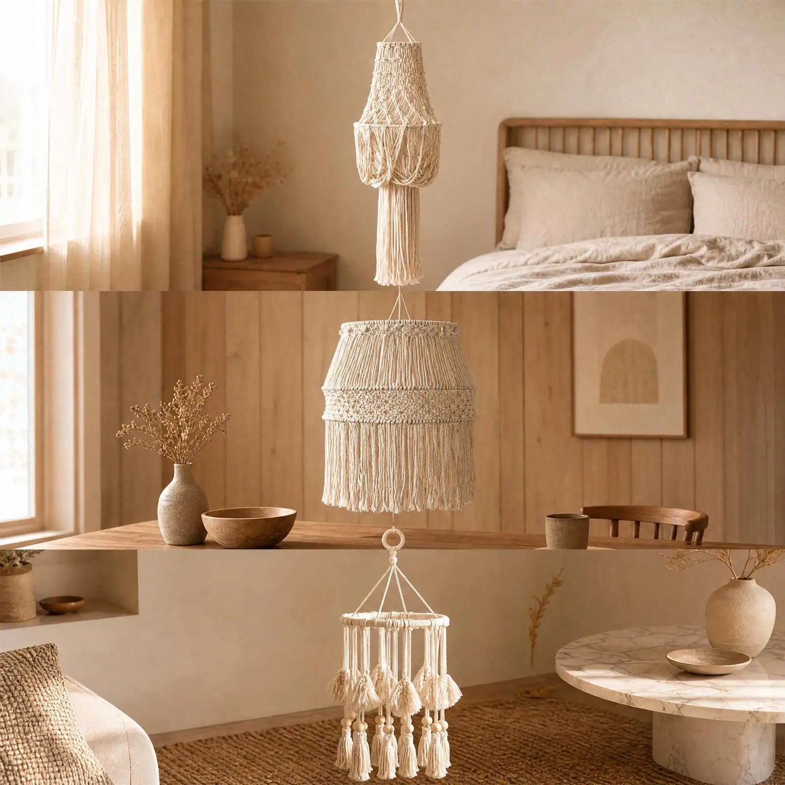 Decorative Macrame Pendant Shade with Tassels Handmade Woven Rope Lamp Cover for Bedroom Dining Balcony Lighting