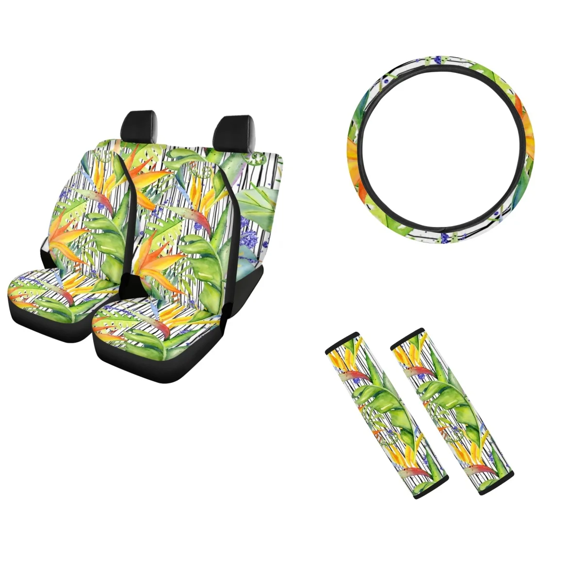 

Car Seat Cover Tropical Monstera Print Girl Sweat Absorption Easy Clean Steering Wheel Covers for Women Seatbelt Shoulder Pads