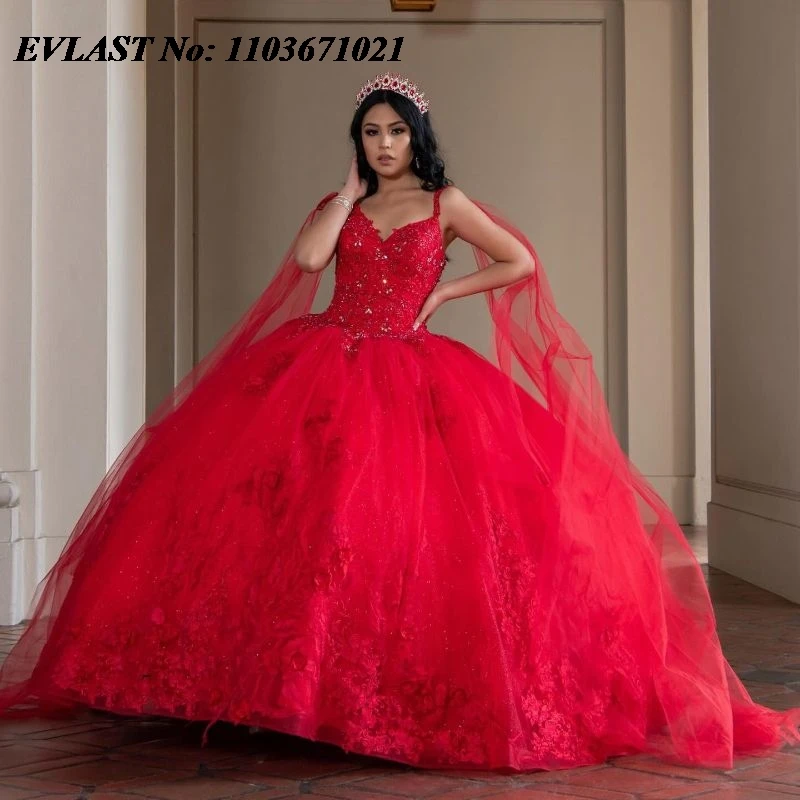 

EVLAST Princess Red Quinceanera Dress Ball Gown Lace Applique Beading With Cape Mexican Corset Sweet 16 Vestido De 15 Anos SQ248