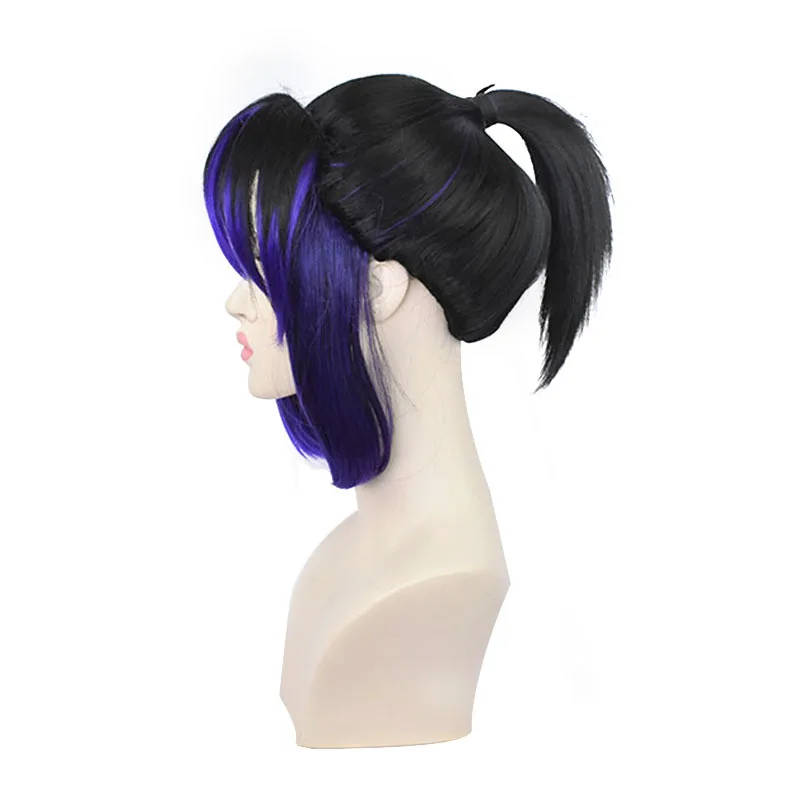 Kochou Shinobu Cosplay Perücke 35 cm Schwarz Lila Farbverlauf Schöne Pferdeschwanz Haar Perücke Hitzebeständige Synthetische Perücken Halloween + Perückenkappe