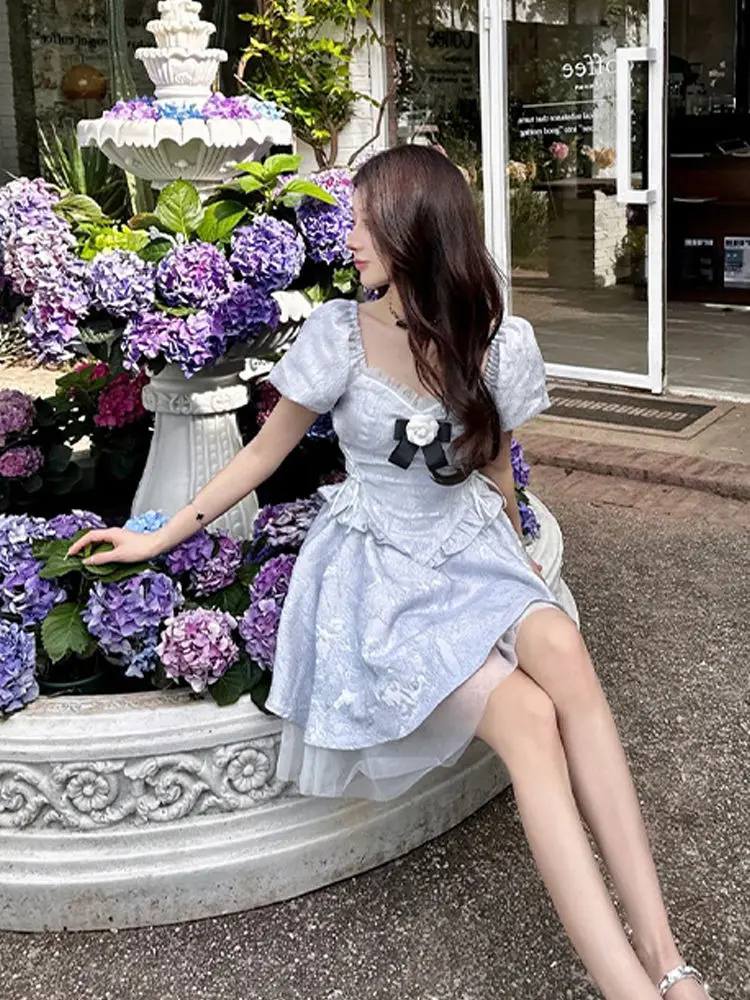 Gagarich Fashion French Gentle Princess Blue Bubble Sleeve Dress Women Summer New Slim Petite Figure Waist Fluffy Vestidos