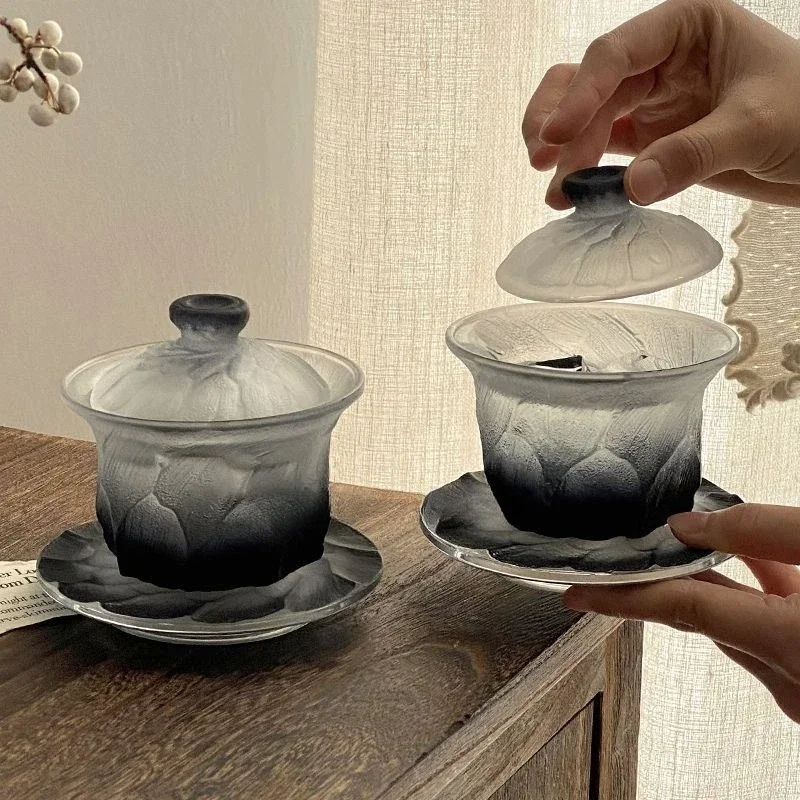 Retro allmähliche Änderung schwarz schwarz schwarz Eis Glas Abdeckung Schüssel Home Nische High-End Sense Teetasse Set nicht heiße Kung Fu Teetasse