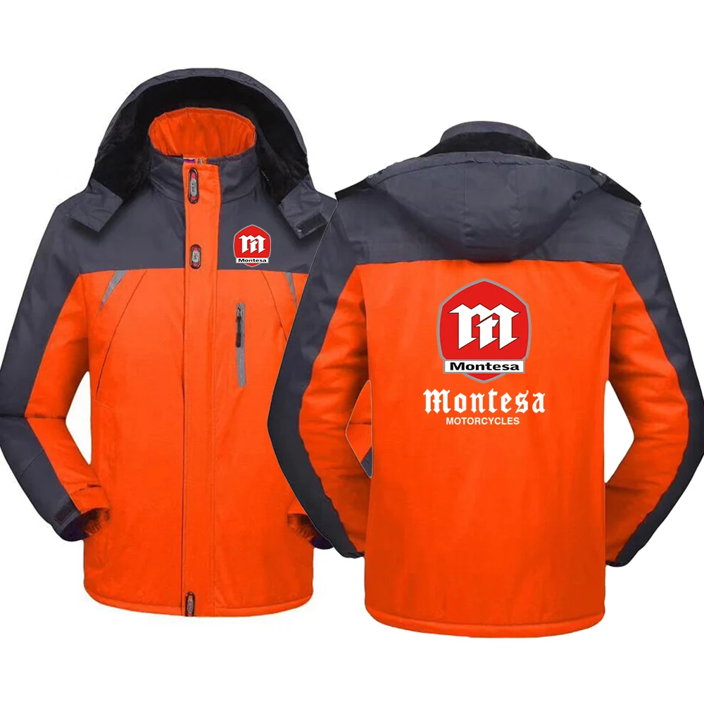 2025 Autumn Winter Men's Montesa Motorcycle Logo Print Personality Patchwork Zipper Jacket Thicken Warm Hoodies Fleece Coat