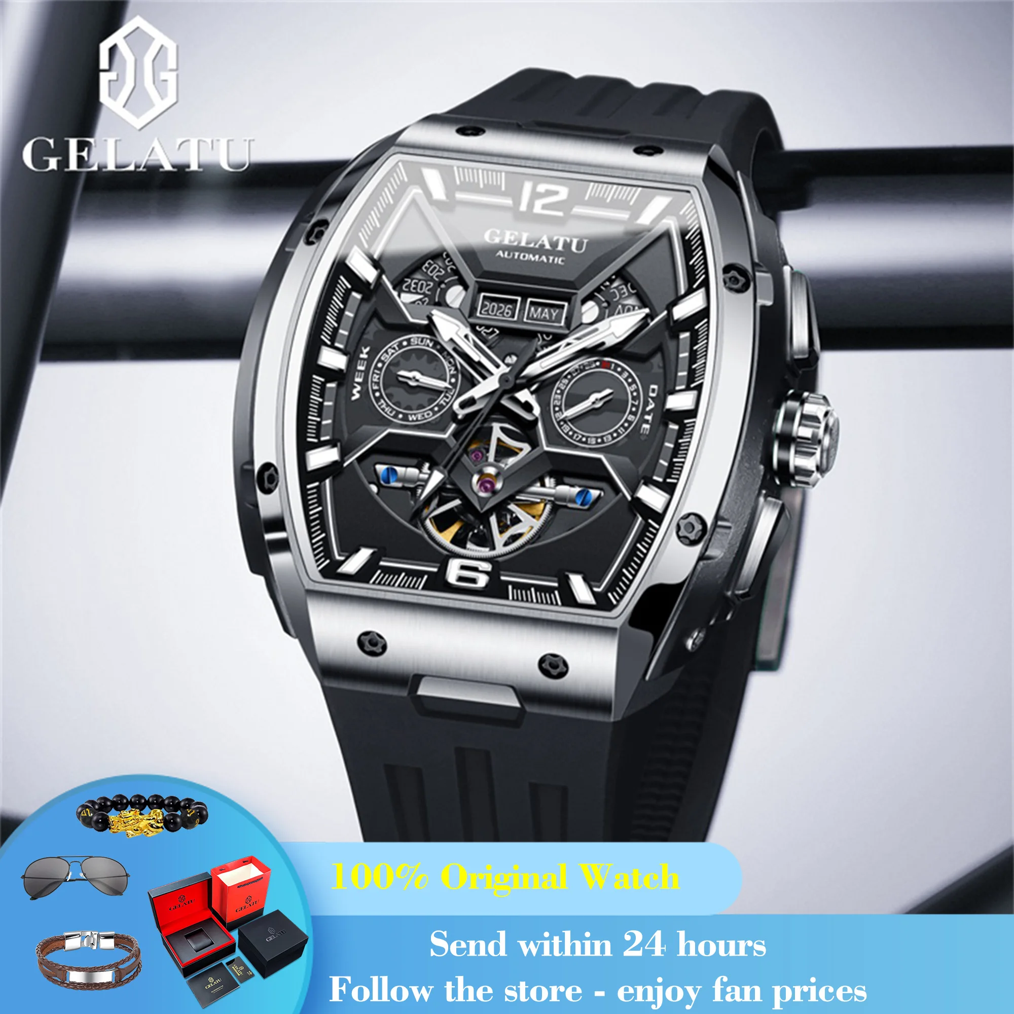 

GELATU 6013 Automatic Men Watch 50M Deep Waterproof Calendar Mechanical Watch For Men Hollow Sapphire Mirror Man Wristwatch