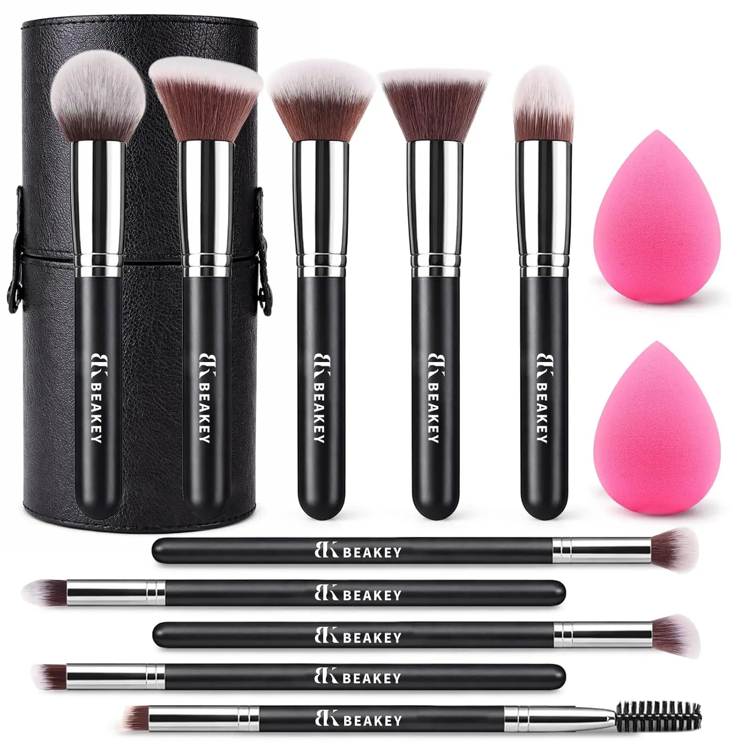 

13PCS Makeup Brush Set with Case & 2 Sponges, 10 Brushes Full Face Kit, Beginner Friendly, Soft Synthetic Bristles for Smooth Even Application, Travel Kit for Face & Eyes