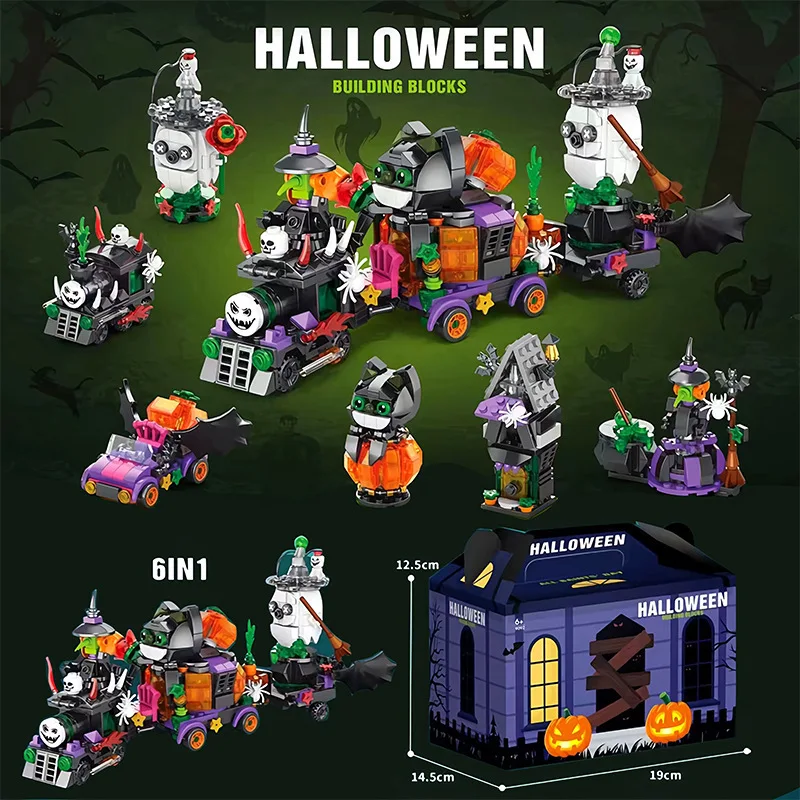 6in1 Halloween Bouwsteen Batmobile Ghost Pompoen Kat Spookhuis Heks Spooktrein Speelgoed Magische Nachtstenen Geassembleerd Cadeau