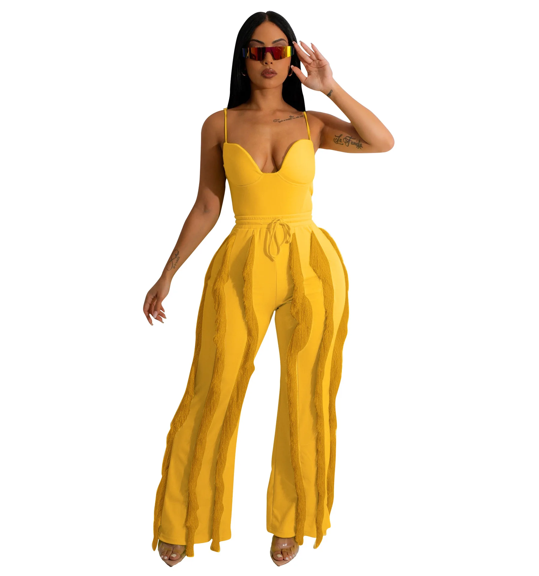 Sexy due pezzi Clubwear Set donna per la festa body top e nappa pantaloni Bell Bottoms Night Club outfit Set di abiti bianchi neri