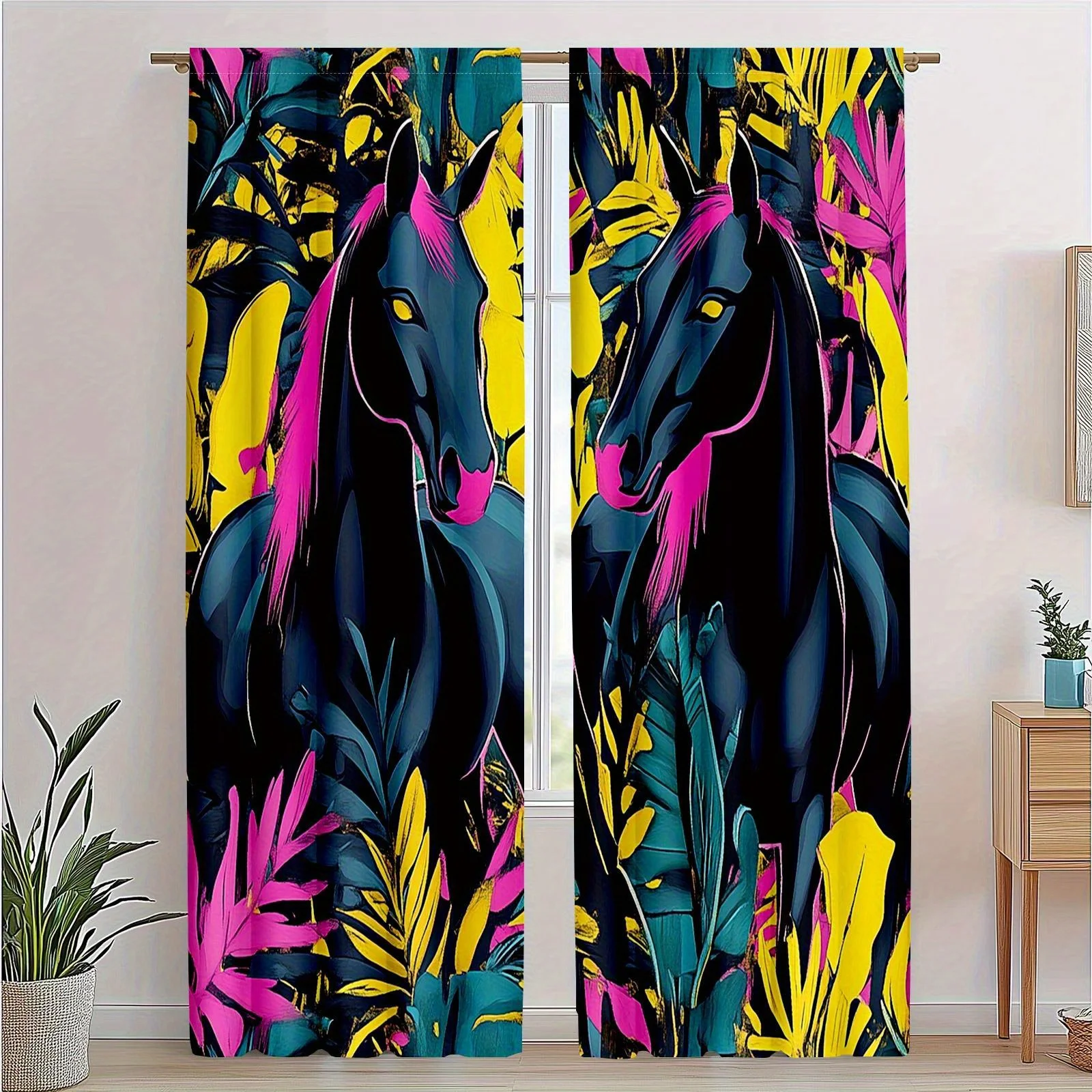 2pcs Vibrant Toucan & Black Horse Print Curtains - 3D Polyester, Rod Pocket, Semi-Transparent for Living Room & Bedroom Decor