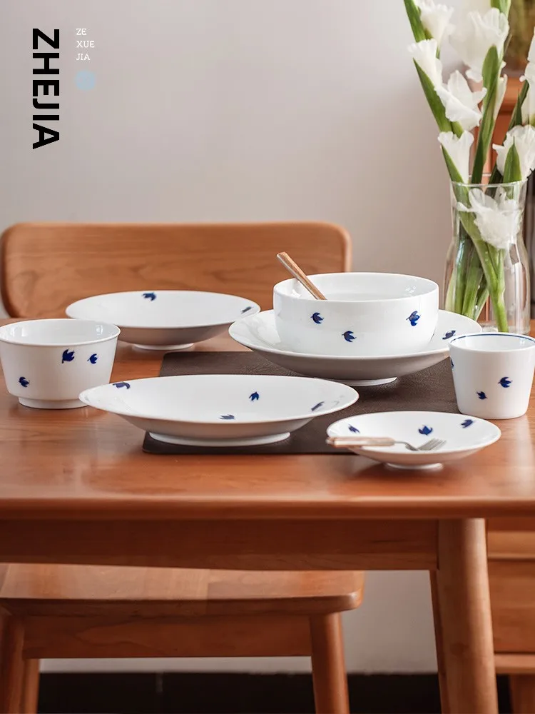 

Zhe Xue Jia Fei Yan Series Cerc Bowl Plate Set Hand-Painted Blue And White Dinnerware Set for Home Use Adult round Di