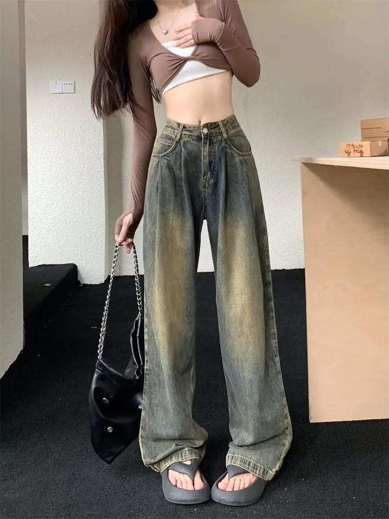 

American Retro Loose Straight Leg Jeans Women's Spring 2026 New High Waist Floor Length Vintage Fashion Long Trousers