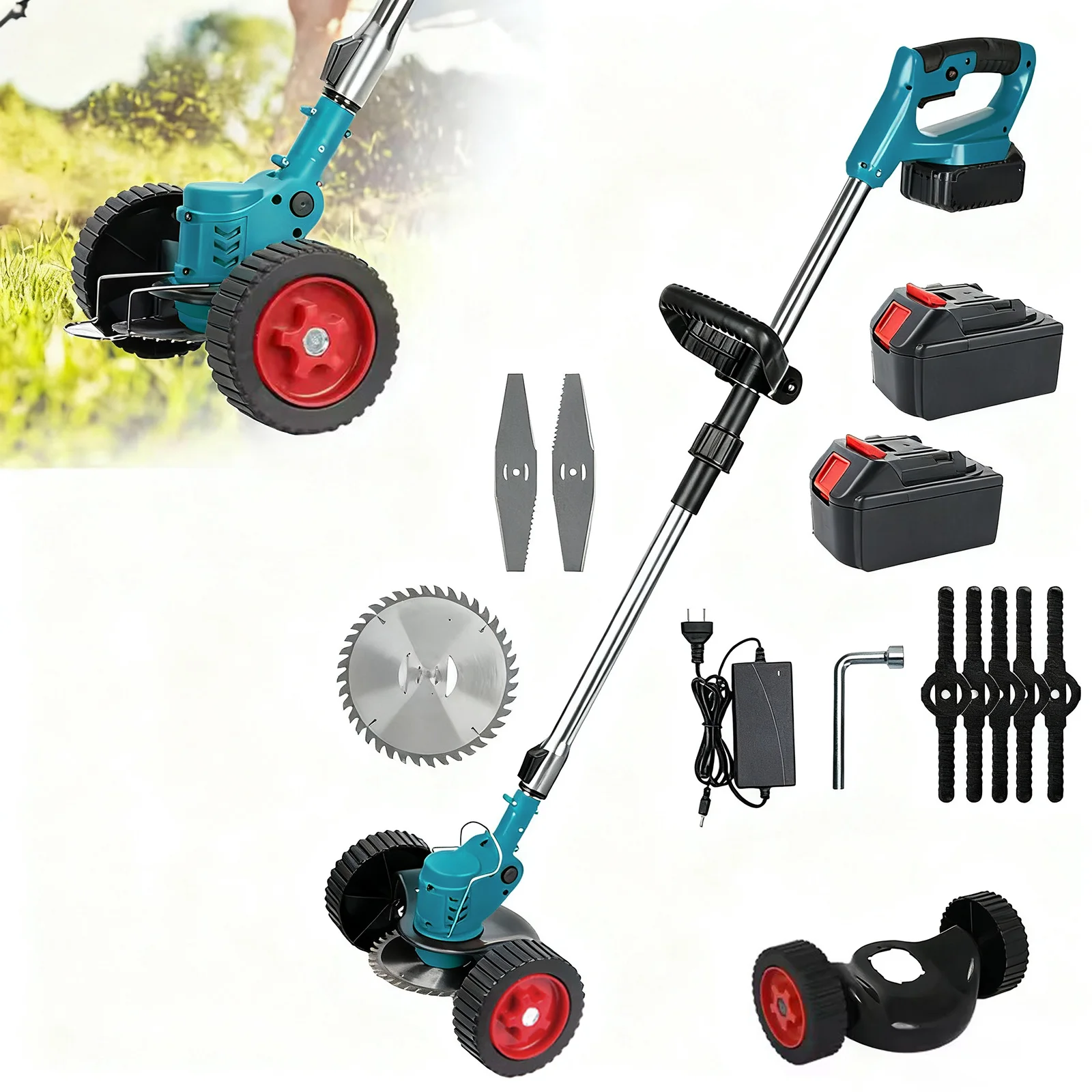 Tondeuse à gazon électrique pliable avec roues, avec lame et chargeur, coupe-herbe sans fil portable pour l'entretien des pelouses, des jardins et des patios
