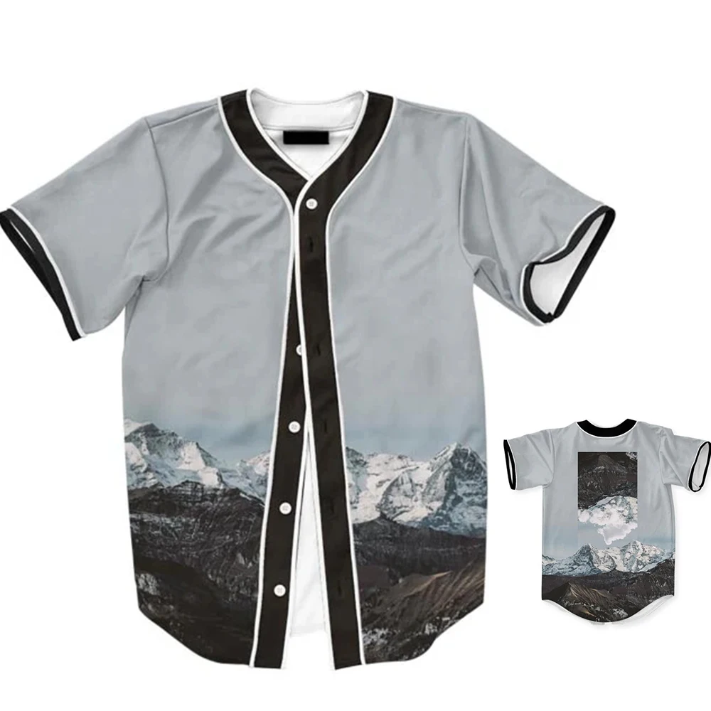 Camisa de béisbol con estampado de paisaje de alta definición, camisa de béisbol de botonadura única, Top de manga corta cómodo informal para el hogar diario MB27