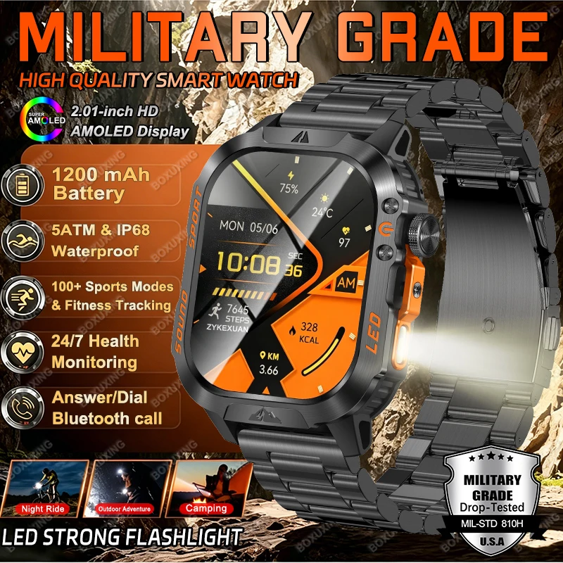 New Military Grade Smart Watch Men 5ATM Waterproof Sports Tracker Health Heart Rate Flashlight Call Smartwatches For iOS Android