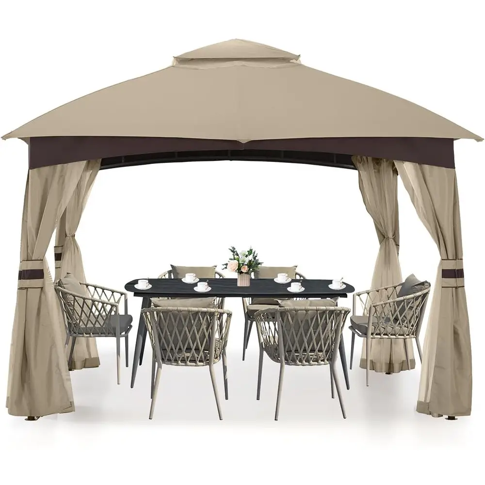 

8x8 Khaki Outdoor Patio Gazebo with Steel Frame and Netting Walls