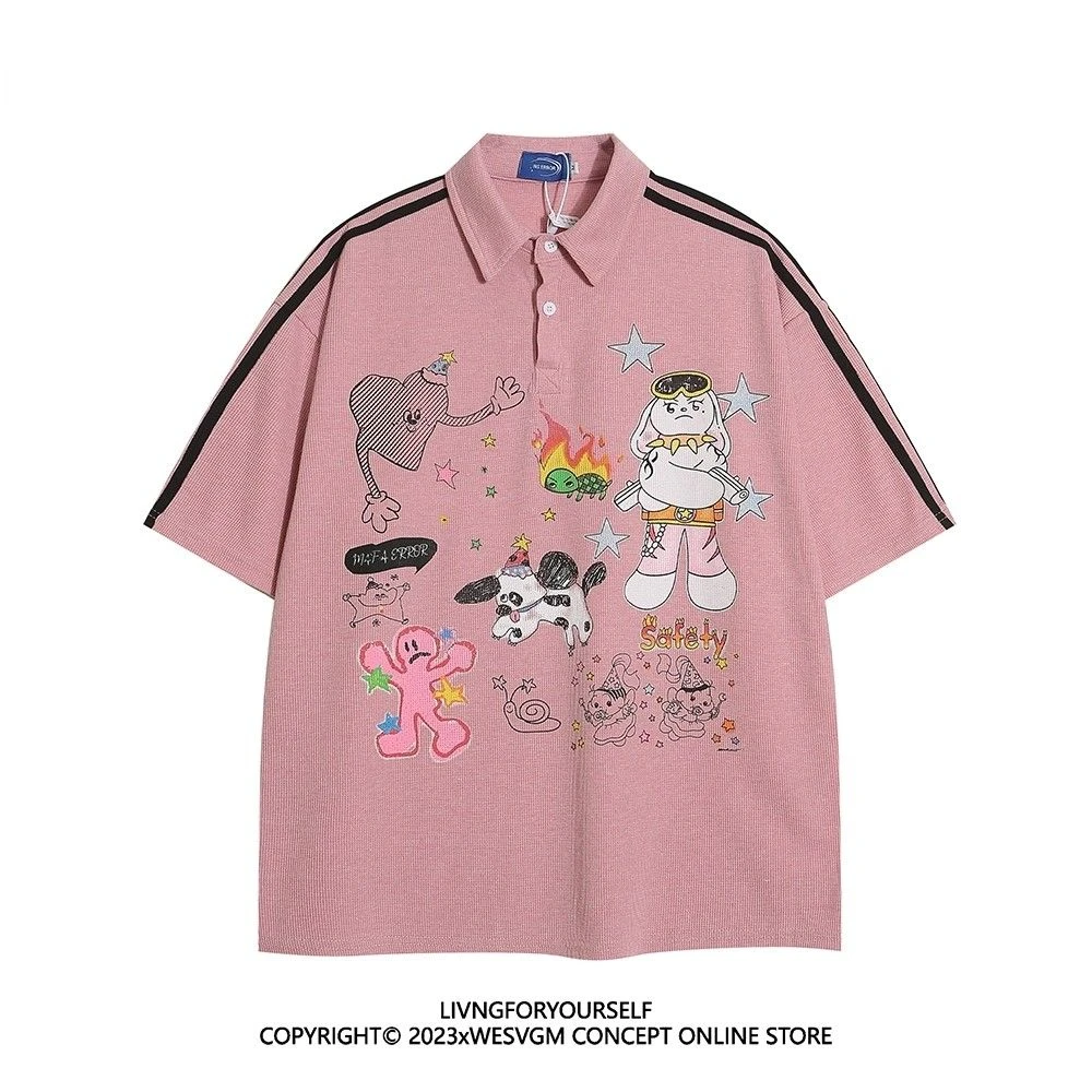 Summer American street fashion retro cartoon graffiti printed polo shirt short sleeved couple loose casual T-shirt top harajuku