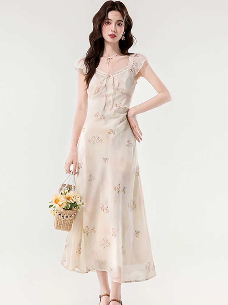 

Women Prink Floral Chic Bow Lace Square Collar Long Dress Summer Elegant Casual Kawaii Dress 2025 Korean Fashion Bodycon Dresses