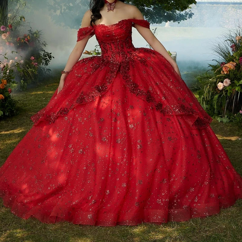 

Mexican Red Shiny Quinceanera Dress Ball Gown Off The Shoulder Lace Applique Beading Tull Corset Sweet 16 Vestido De 15 Anos