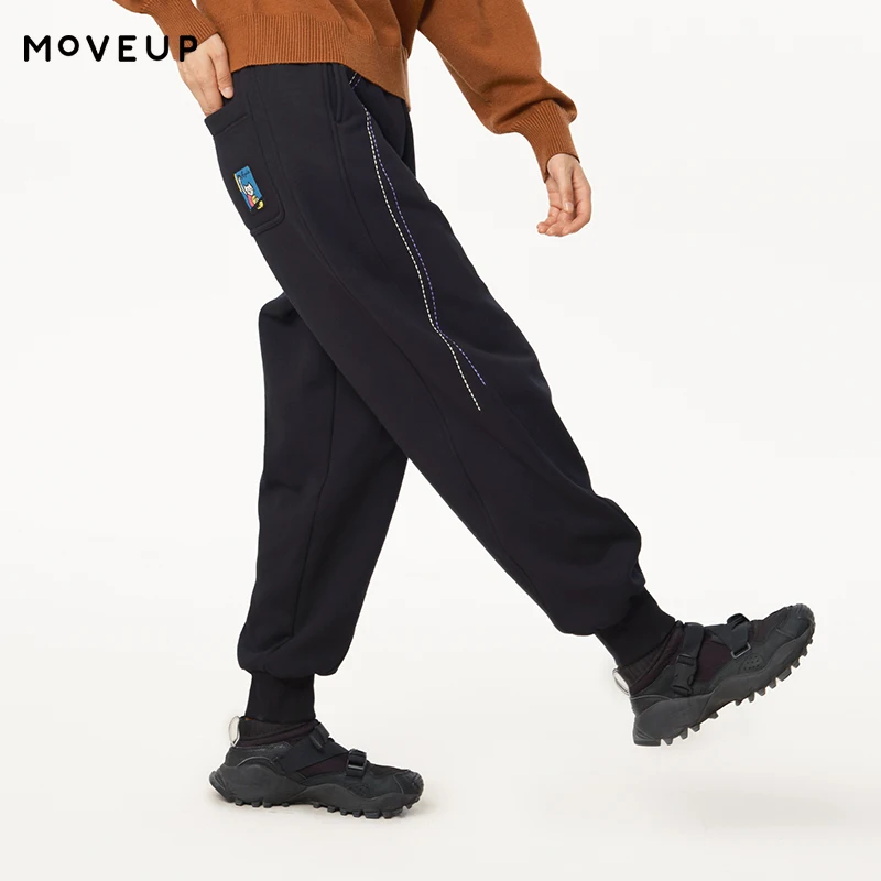 MOVEUP Commuter Straight Pants Winter Elastic Waist Cute Cat Weave Mark Pocket Jogger Pants Fleece Casual Trouser 324410104