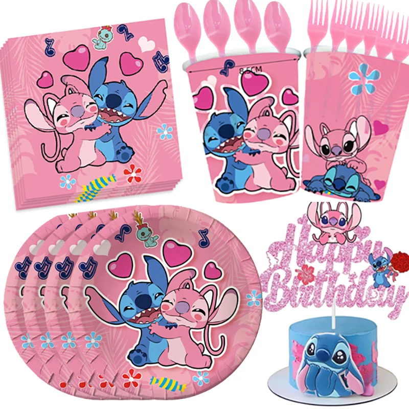 Lilo & Stitch Birthday Decorations Pink Girls Paper Cups Plates Napkins Cake Topper Tableware Set Balloons Decor Party Supplies