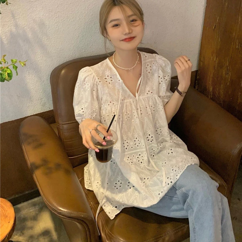 Rimocy Korean Fashion Loose White Shirt Women Summer Puff Sleeve Lace Hollow Out Mini Dress Woman V Neck Chic Blouse Female