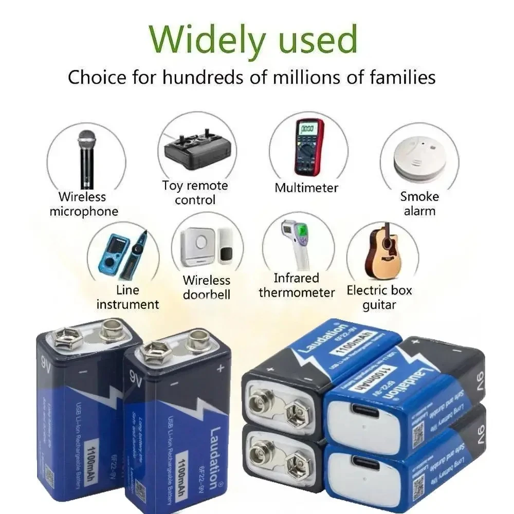 New  Rechargeable 9V Lithium Battery 1100mAh, Type-C Charging for Multimeters, Microphones, Toys, Remote Controls