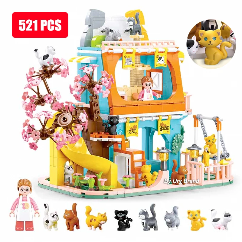 Sluban Friends City Cat Hotel Sets Girl A-Frame Pet House Apartment Garden Villa Sakura Tree Building Blocks Animal Toy Kid Gift